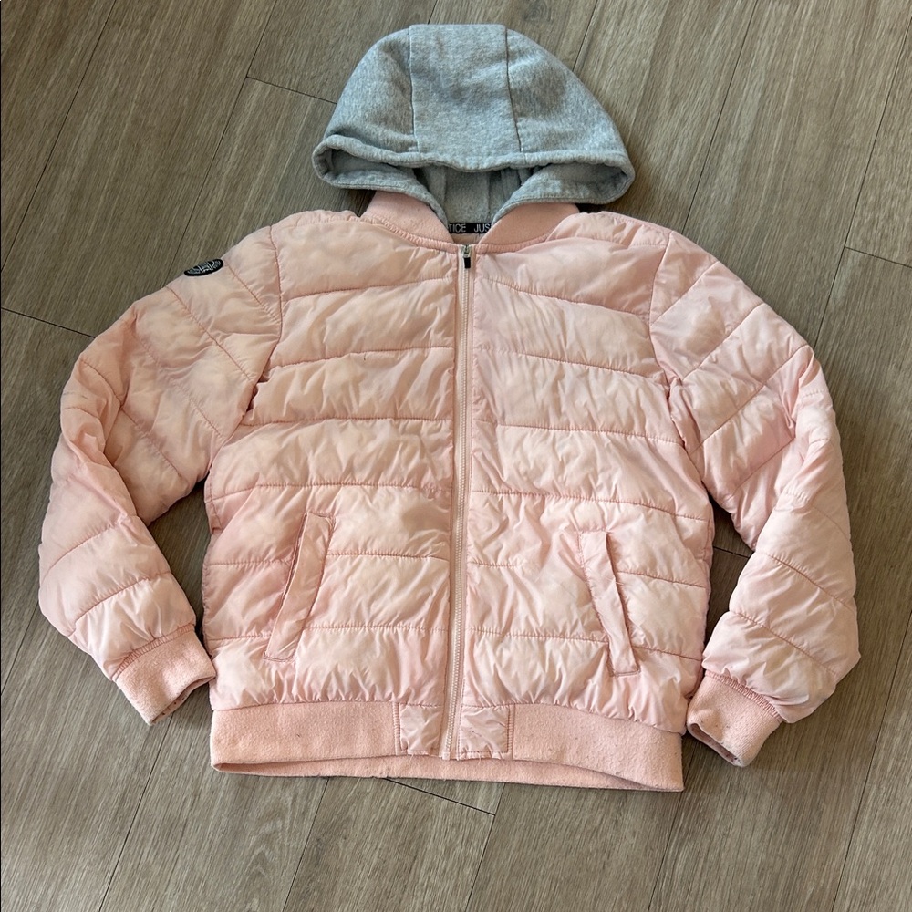 Justice Light Pink Puffer Jacket with Gray Hood